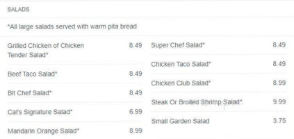 Cal's Pizza Express menu