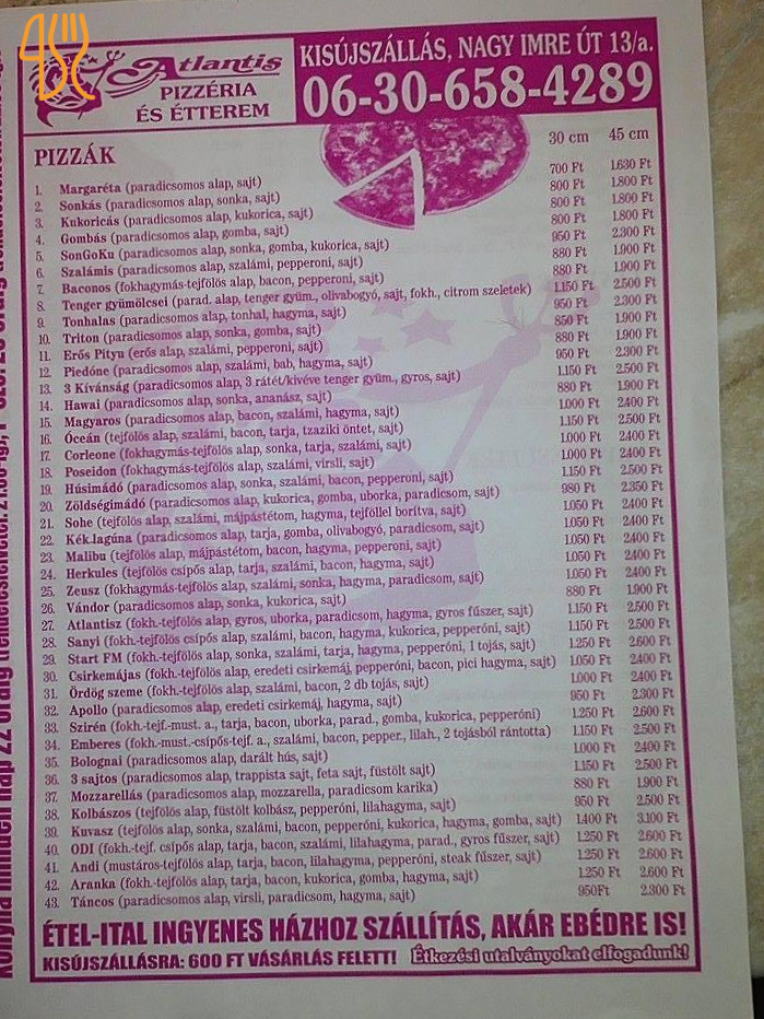 Atlantisz Pizzeria Étlap
