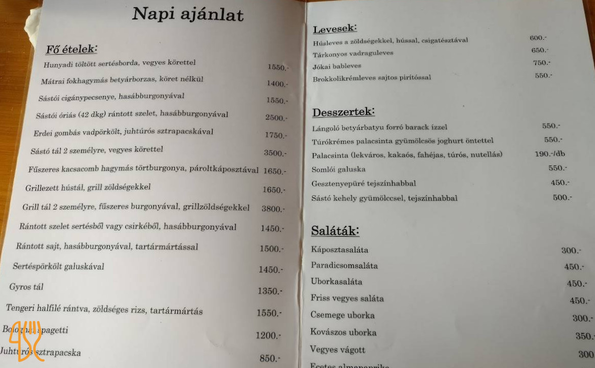 Sástó Étterem Étlap