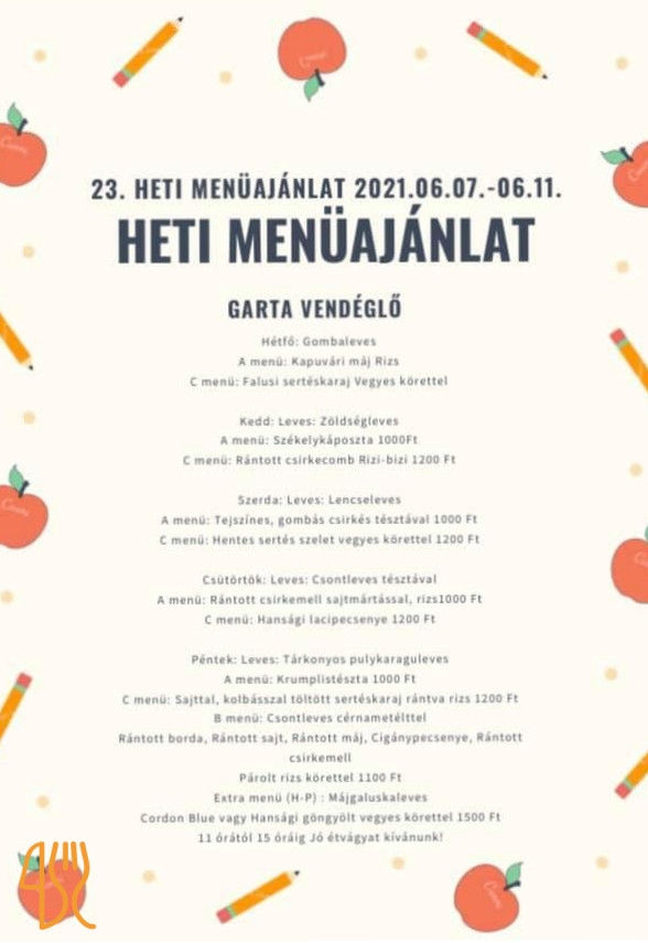 Garta Vendéglő Étlap
