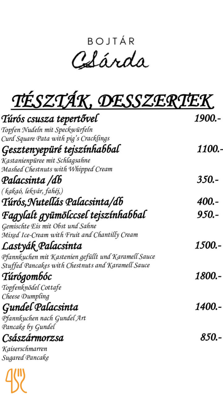 Bojtár Csárda Étlap