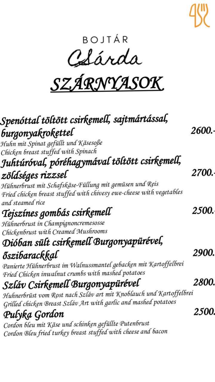 Bojtár Csárda Étlap