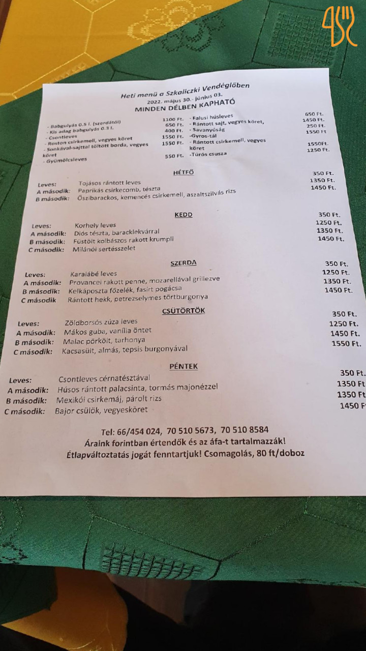 Szkaliczki Vendéglő Étlap