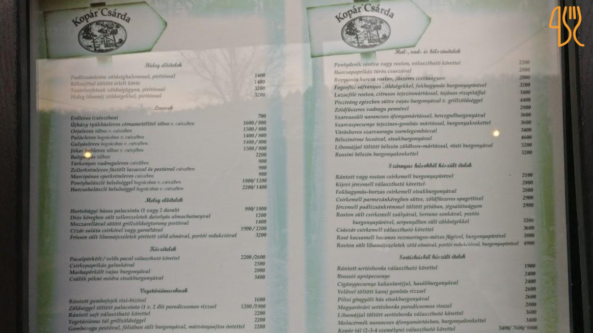 Kopár Csárda Étlap