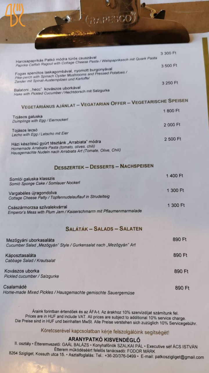 Aranypatkó Étlap