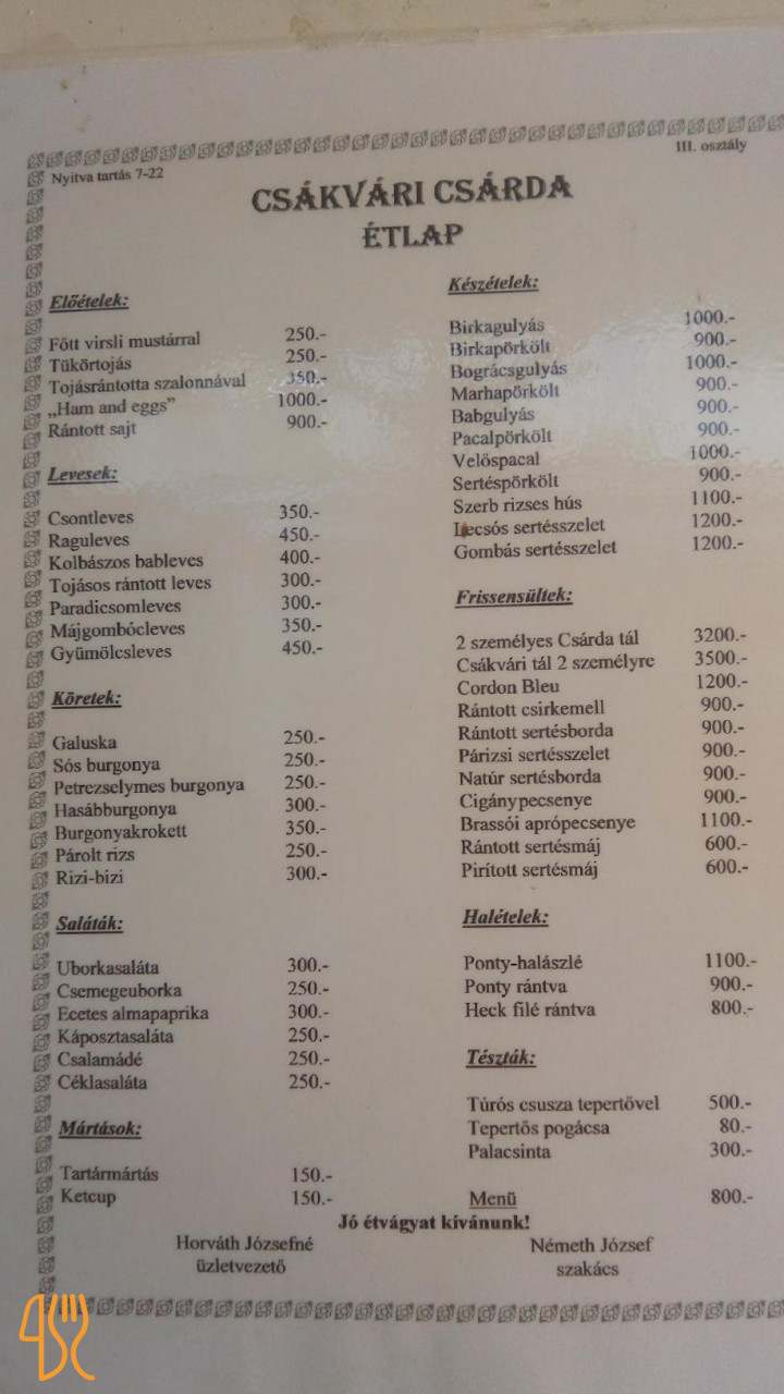 Csákvári Csárda Étlap