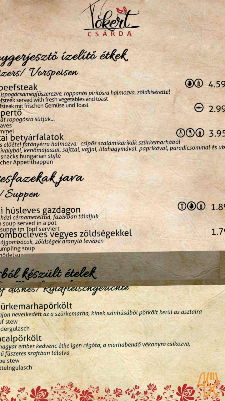 Tókert Csárda Étlap