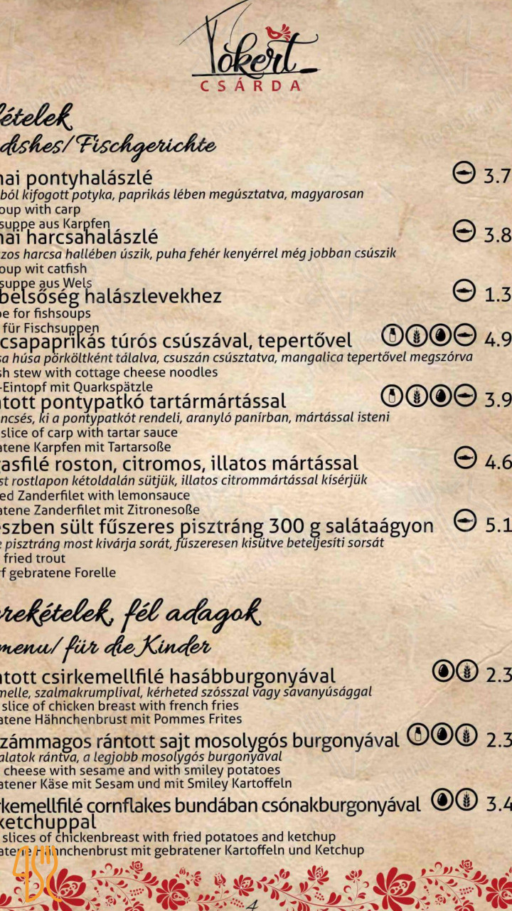 Tókert Csárda Étlap