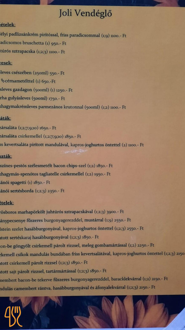 Joli Vendéglő Étlap