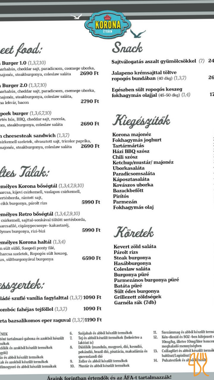 Korona Étterem Étlap