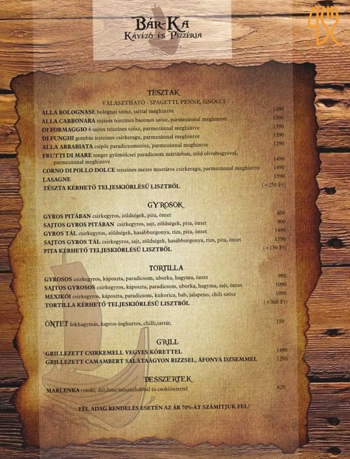 Bár-ka Kávézó és Pizzéria Étlap