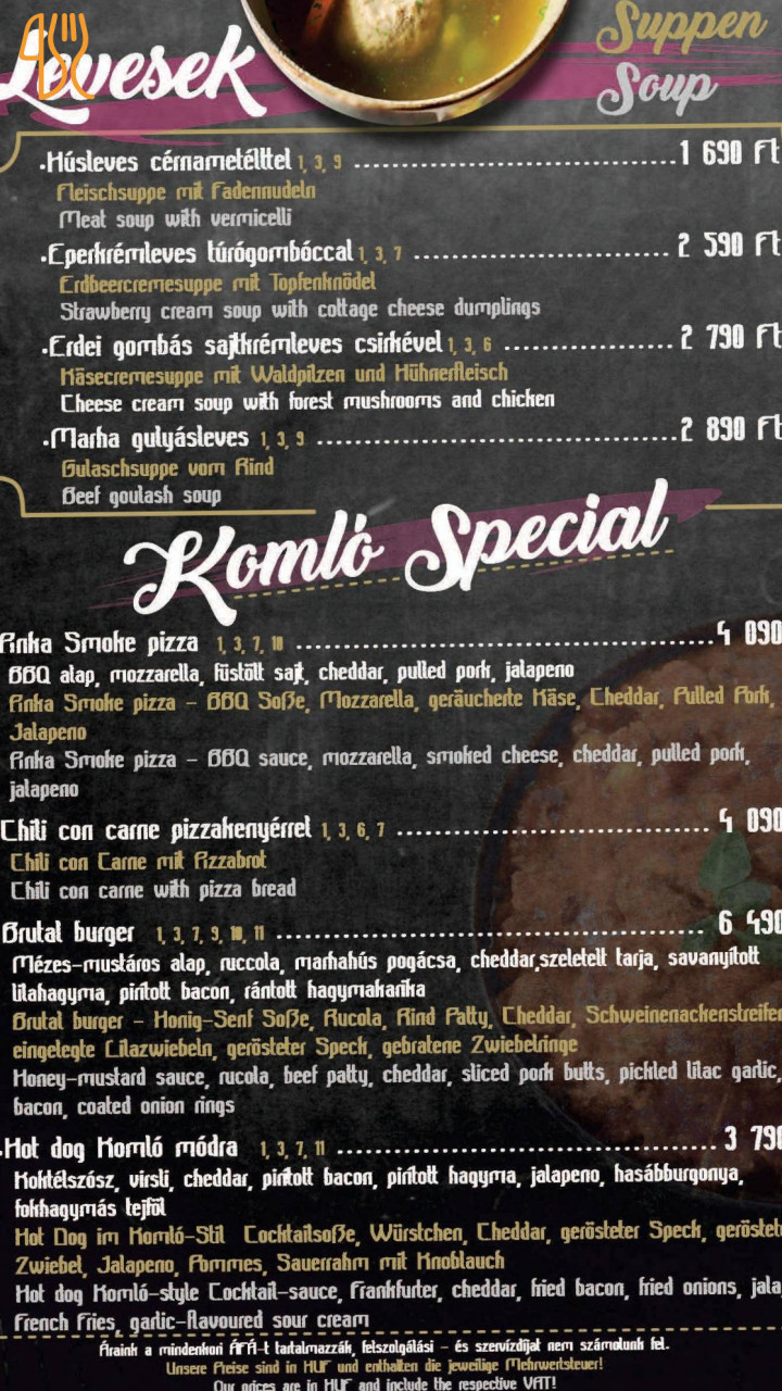 Komló Étterem Kávézó Étlap