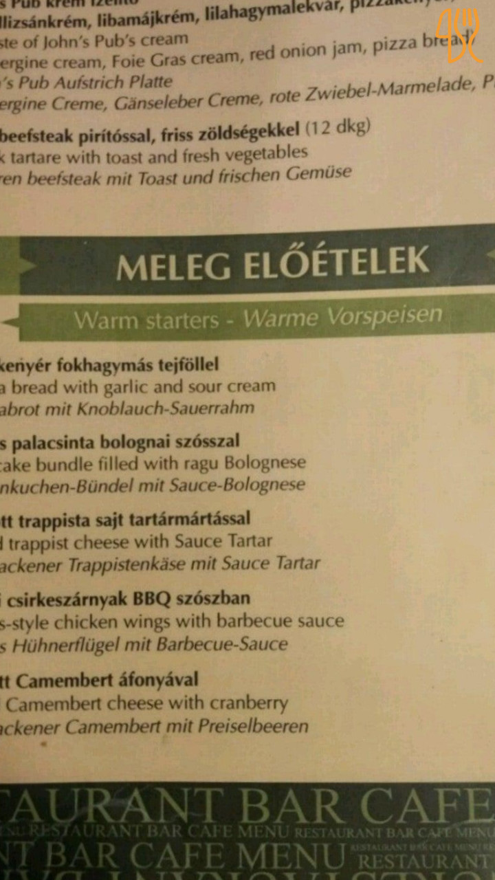 John's Pub Keszthely Kitchen Étlap