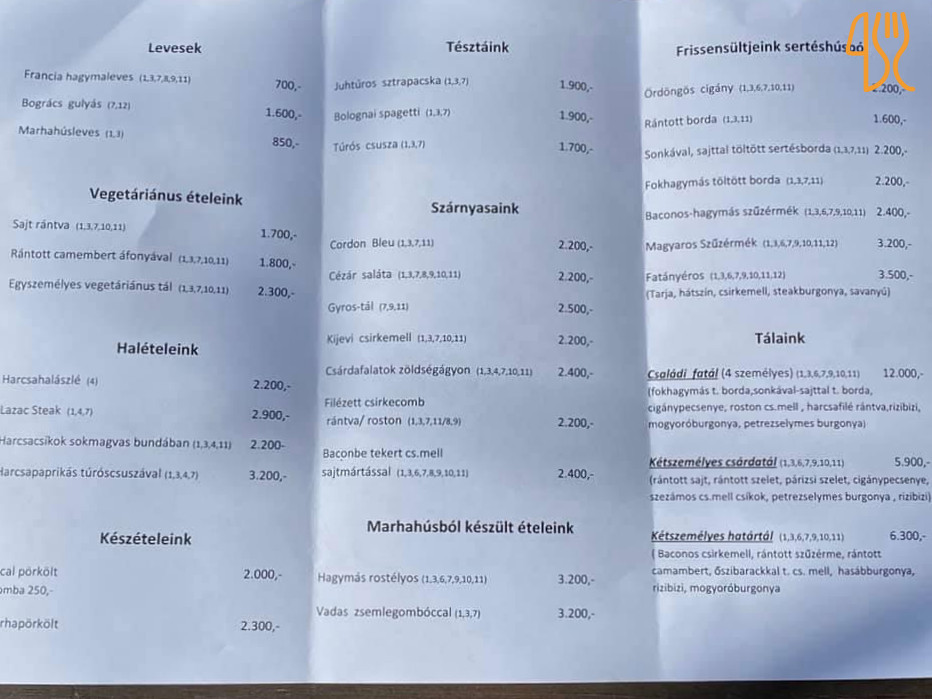 Határ Csárda Étlap