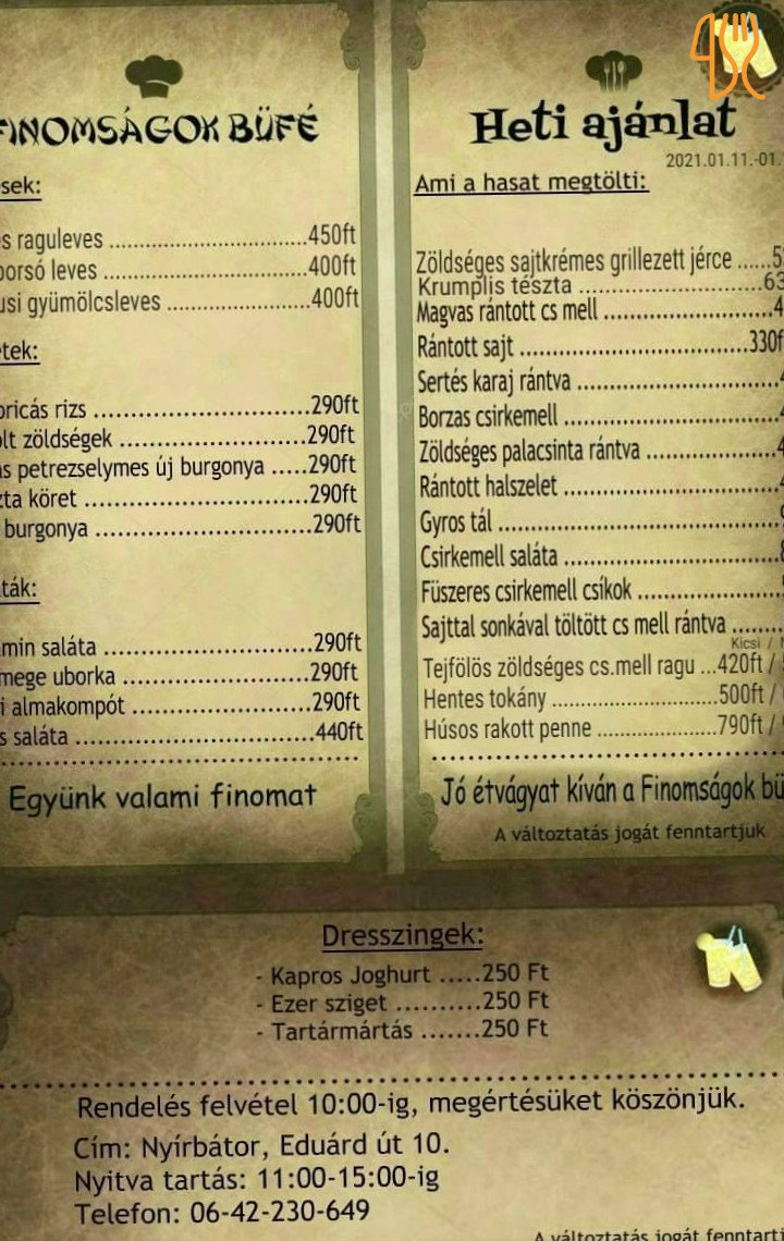 Finomságok Büfé Étlap