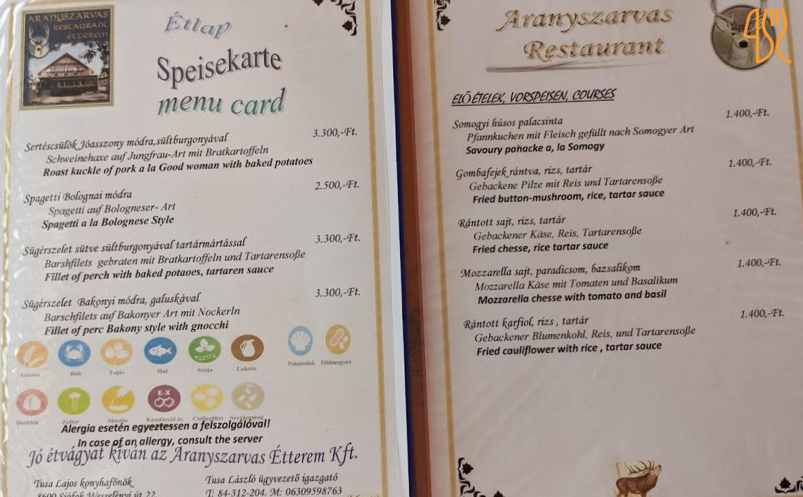 Aranyszarvas Étterem Étlap