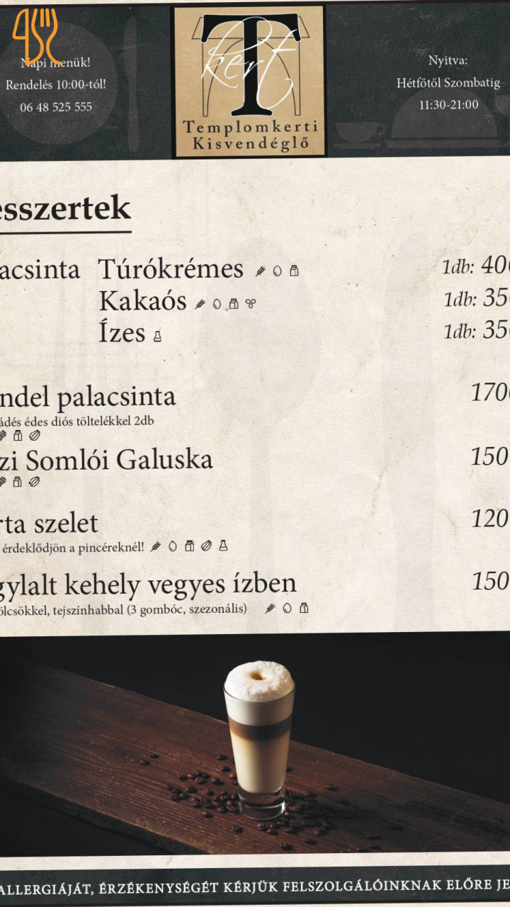 Templomkerti Kisvendéglő Étlap