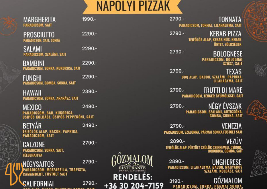 Gőzmalom Panzió Pizzéria Étlap