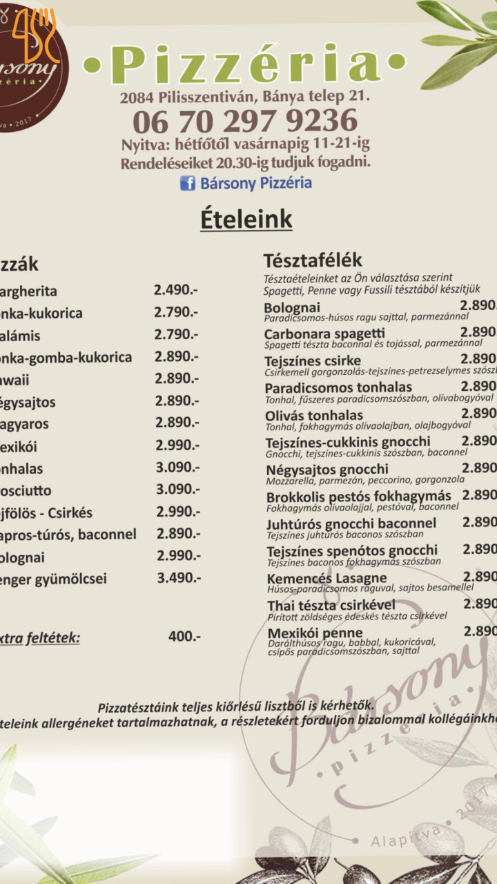 Bársony Pizzeria Étlap