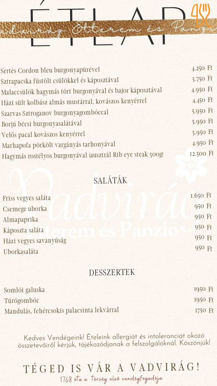 Vadvirág Étterem és Panzió Étlap