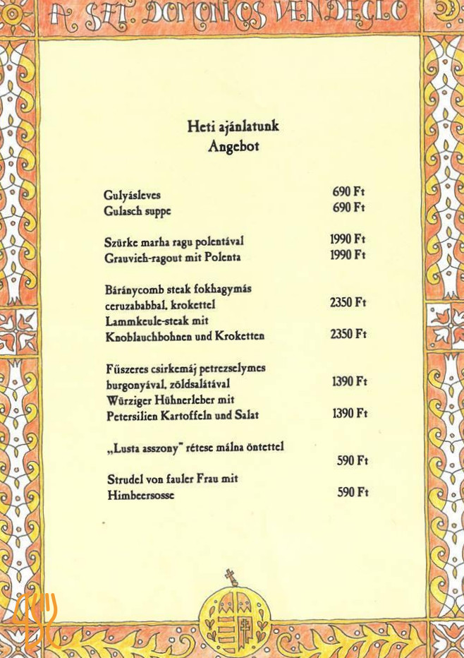 Szent Domonkos Vendéglő Étlap