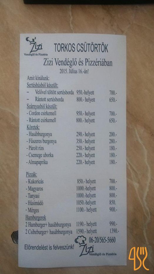 Zizi Vendéglő és Pizzéria Étlap